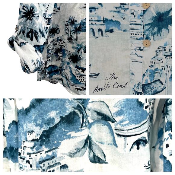 100% Linen Women's 1X Amalfi Coast AOP Coastal Beachy Vacation Top Resort Wear - Picture 2 of 6